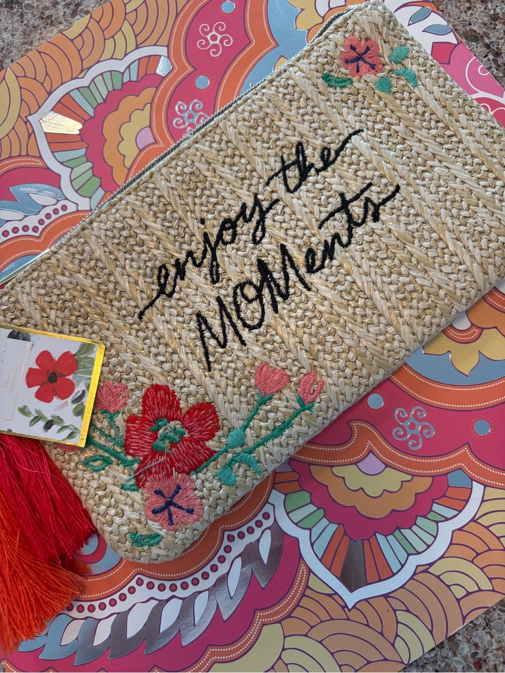 NWTâ Enjoy the MOMents Straw Clutch with Embroidered Flowers
